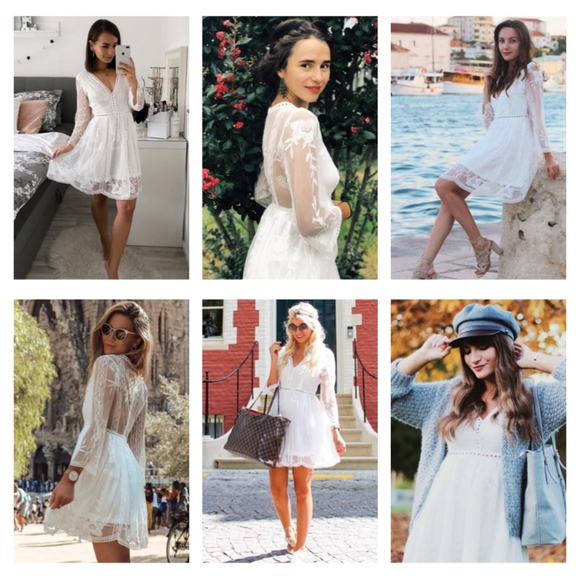 Embroidery on Mesh V-Neck White Mini Dress - Picture 7 of 8